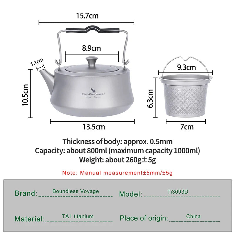 Boundless Voyage 800ml Titanium Kettle with Infuser Ultralight Stovetop Teapot