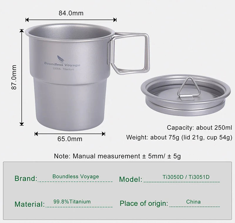 Boundless Voyage Titanium Coffee Cup 250ml Outdoor Portable European Stackable